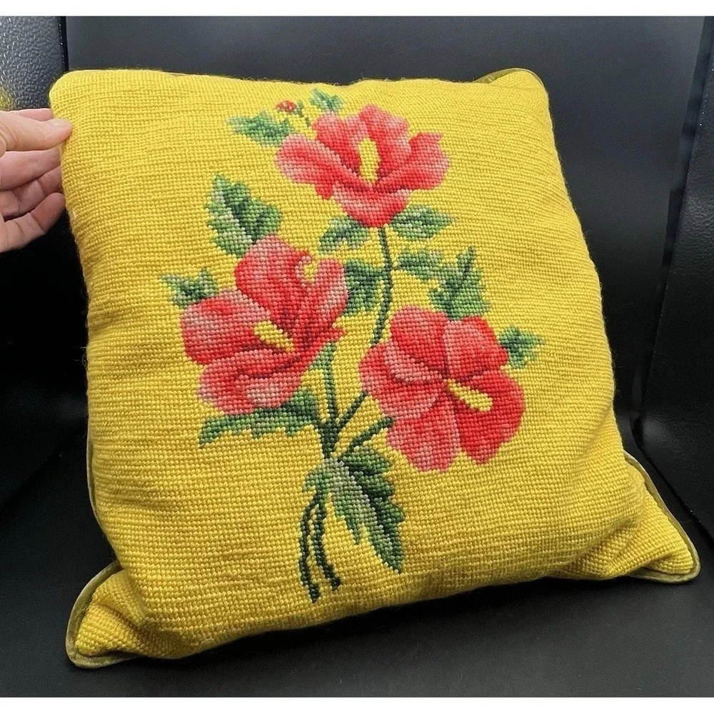 VTG Floral Tapestry Pillow Yellow w/ Bright flowers Needlepoint 15x15 Velvet Bck